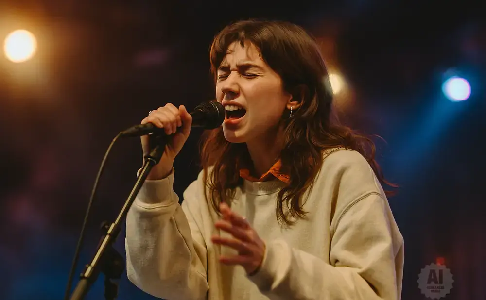 Singer with eyes closed, singing into a microphone on a dark, spotlighted stage.
