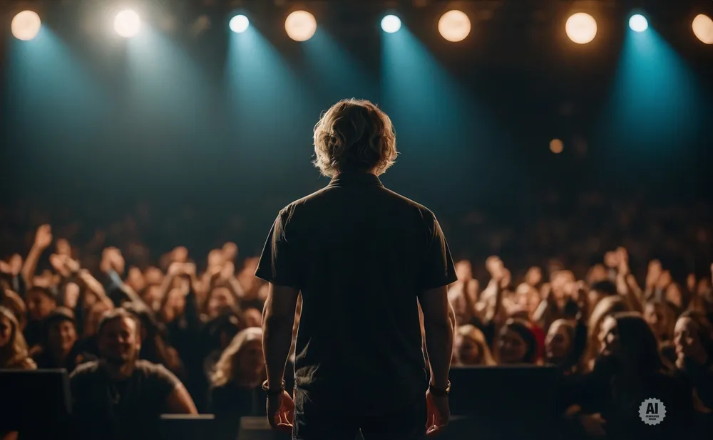 A speaker stands on stage facing a cheering audience, bathed in dramatic spotlights.