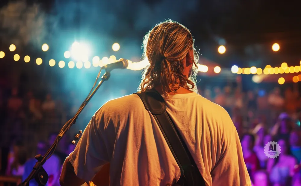 A musician with long hair plays guitar on stage, bathed in stage lights, with a blurred audience in the background.