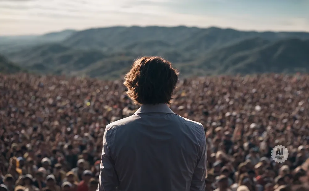 Man with curly hair stands with back to viewer before a massive crowd, facing rolling hills under a bright sky.