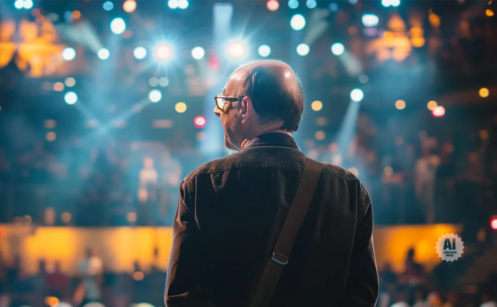 Man with glasses facing a crowd at a concert, stage lights in the background.
