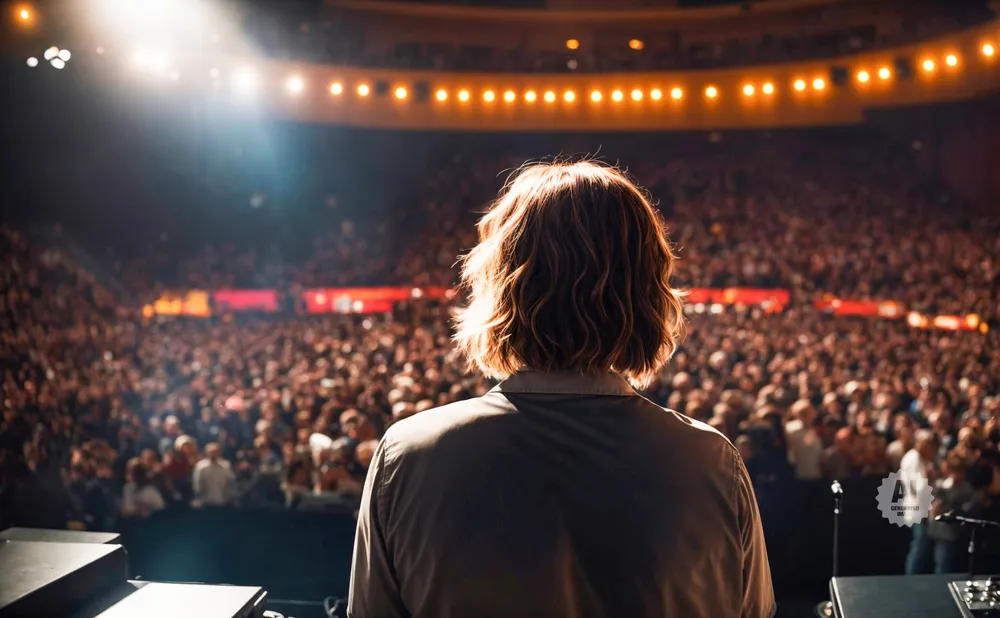 Person on stage facing a large, cheering crowd under bright spotlights.