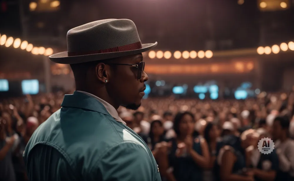 Man in hat and sunglasses looking out at a crowd at a concert.