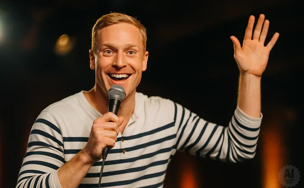 A man with blonde hair and a striped shirt smiles and holds a microphone, raising his hand.
