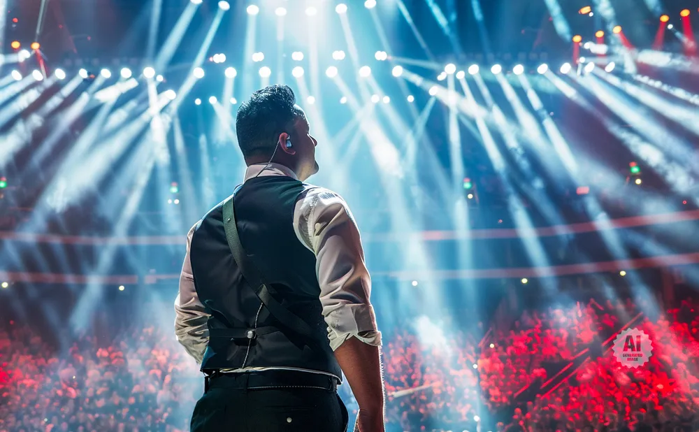 Man in vest and white shirt facing away from camera on stage, under bright blue and white spotlights, with a cheering crowd below.