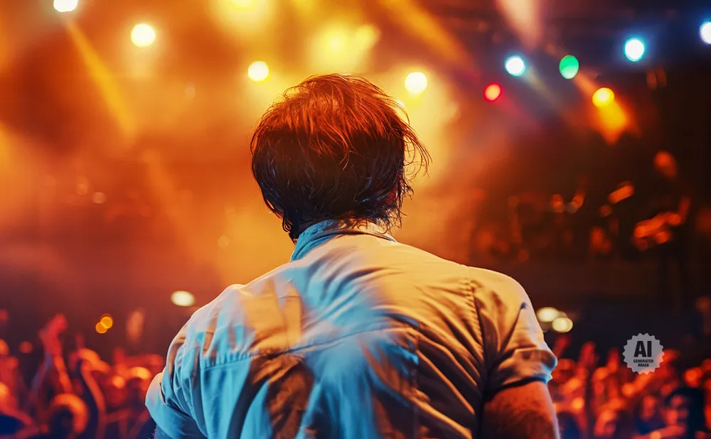 Concert crowd with hands raised. A performer's back is visible, facing a stage with bright lights.