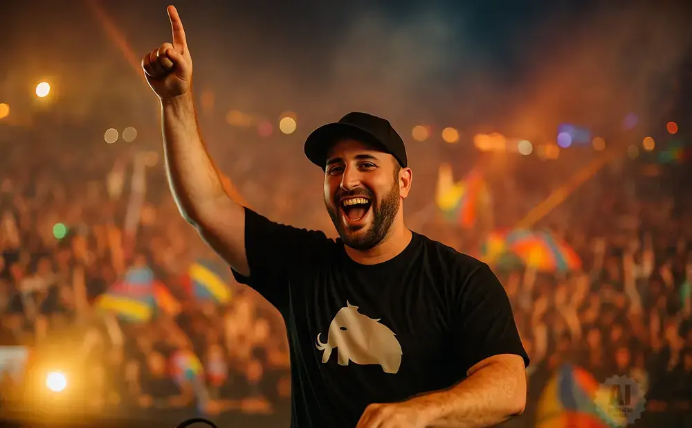 A DJ with his arm raised, pointing to the sky, smiles joyfully on stage at a concert.