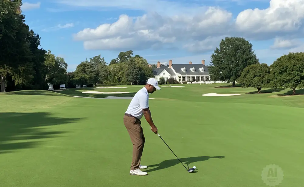 Golfer tees off on a sunny day with a clubhouse in the background.