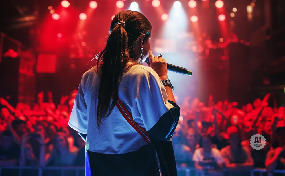 A woman on stage sings into a microphone with a red-lit crowd in the background.