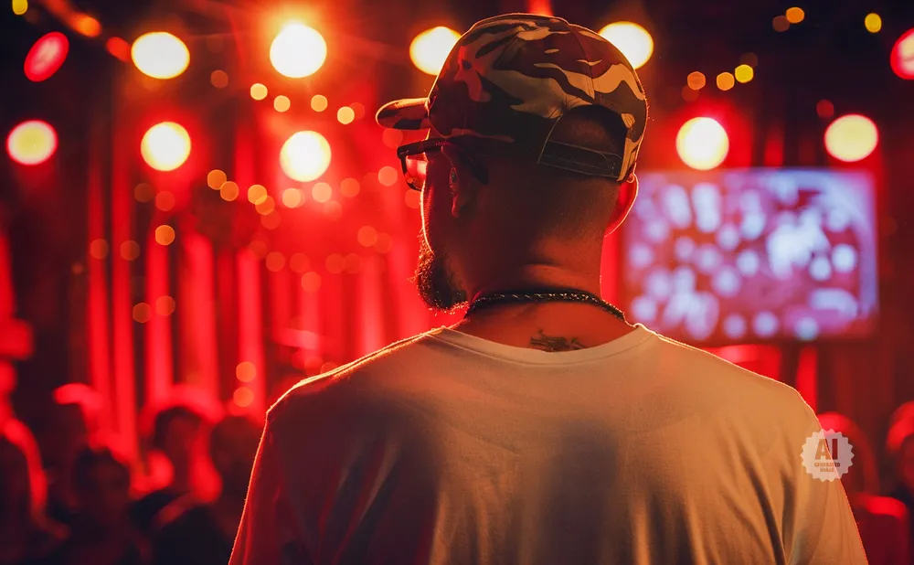 A person wearing a camouflage baseball cap, glasses, and a white t-shirt stands with their back to the camera on a dimly lit stage with red lights.