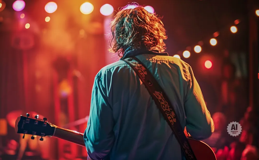 Man playing guitar on stage with red and orange lights.