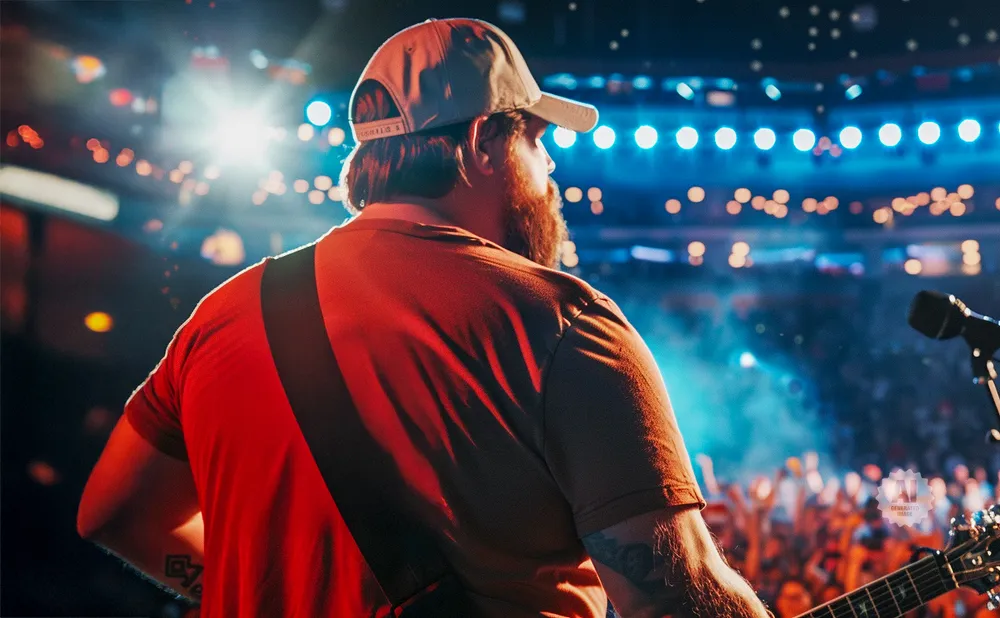A musician with a beard and a baseball cap plays guitar on stage in front of a cheering crowd, bathed in blue and white stage lights.