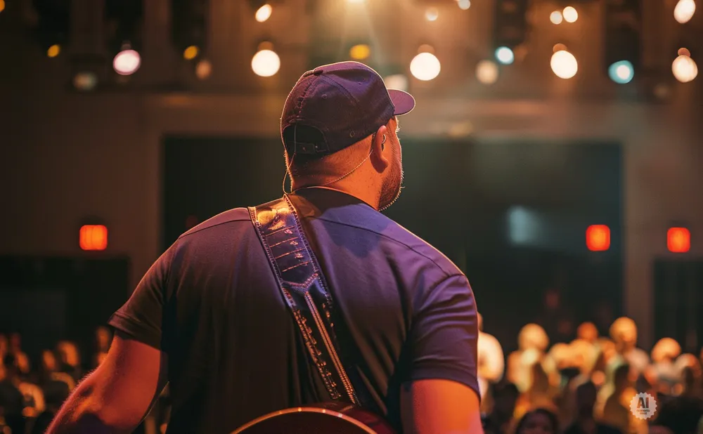 A man wearing a baseball cap and dark shirt plays a guitar on stage with lights and a blurred audience.