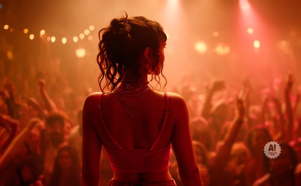 Woman on stage in a red top facing a cheering crowd at a concert.