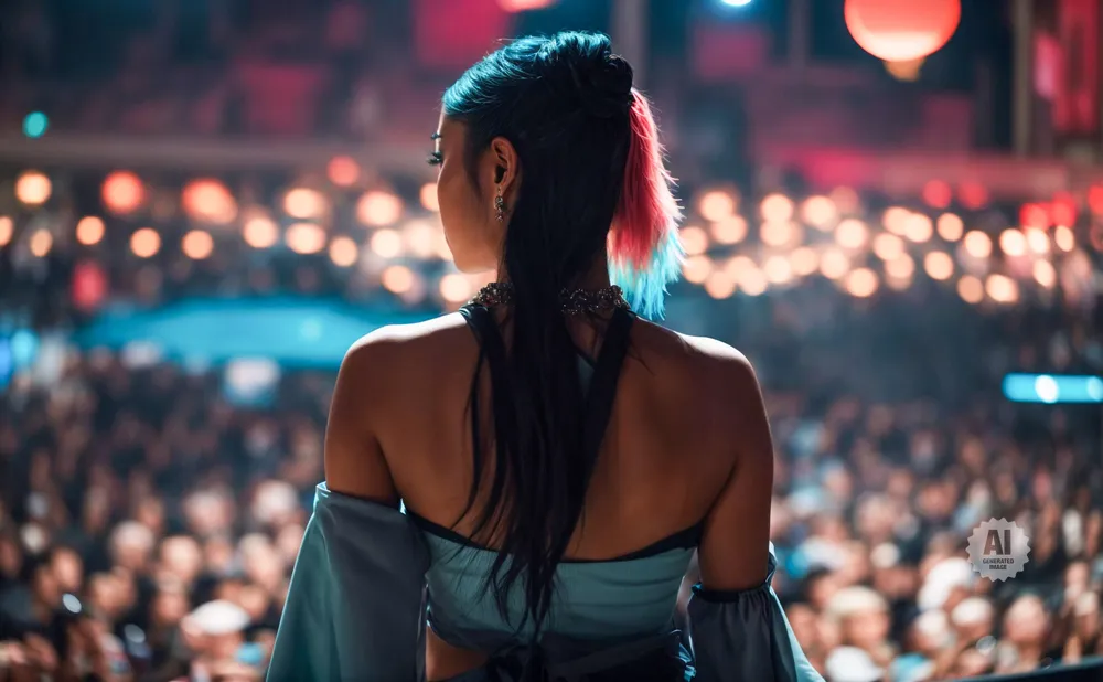 Back view of a woman with dark hair streaked with pink and blue, standing on a stage in front of a blurred audience and bokeh lights.