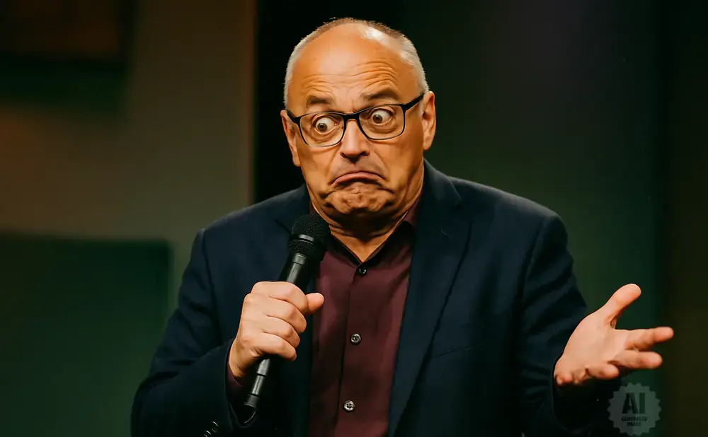 A man in a suit and glasses makes a surprised face while holding a microphone and gesturing with his hand.