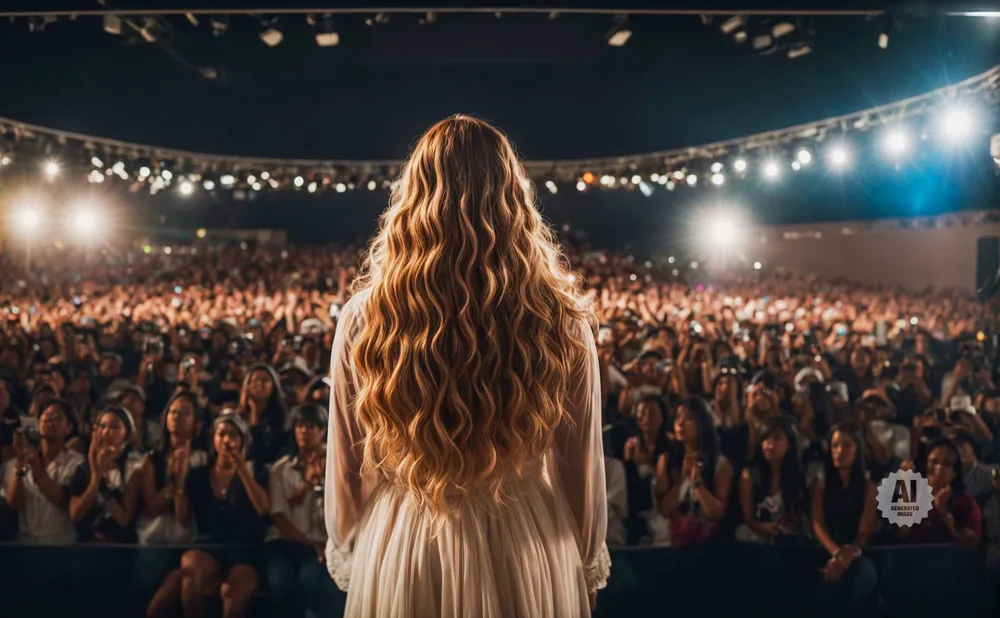 Singer with long, wavy blonde hair on stage facing a large, cheering audience at a concert.
