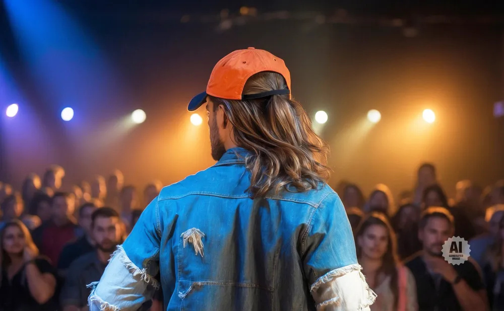 A person in a denim jacket and orange cap faces an audience under stage lights.