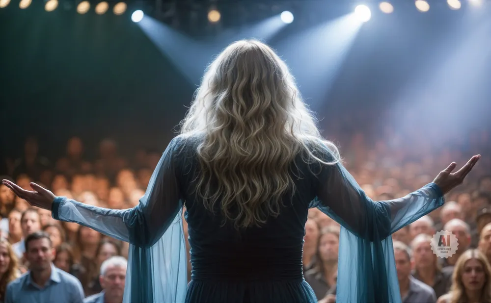 A woman with long blonde hair in a blue dress stands with her arms outstretched to an audience, bathed in stage lights.