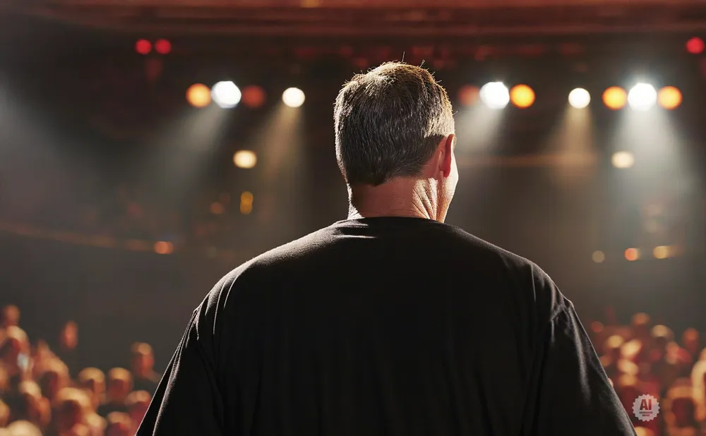 Man in black shirt seen from behind, facing a brightly lit stage and audience.