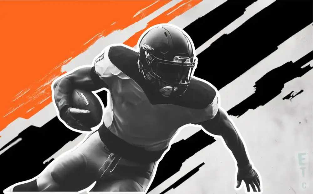 A black and white illustration of a football player running with a ball, on an orange and black background.