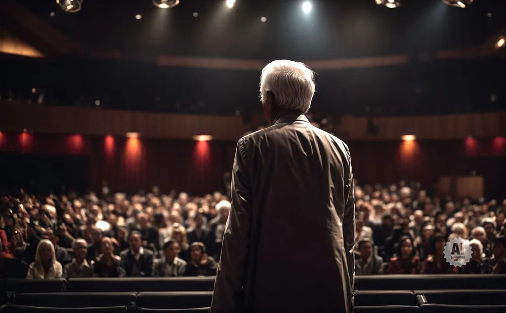 Man in suit facing an audience in a theater.