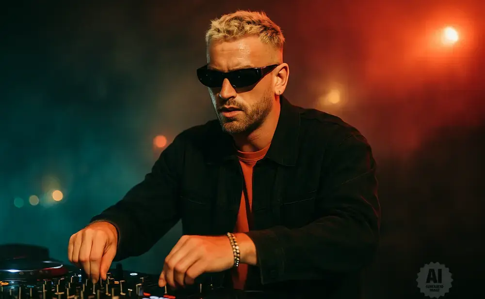 DJ in sunglasses with blonde hair mixes music on turntables, with red and teal lighting in the background.