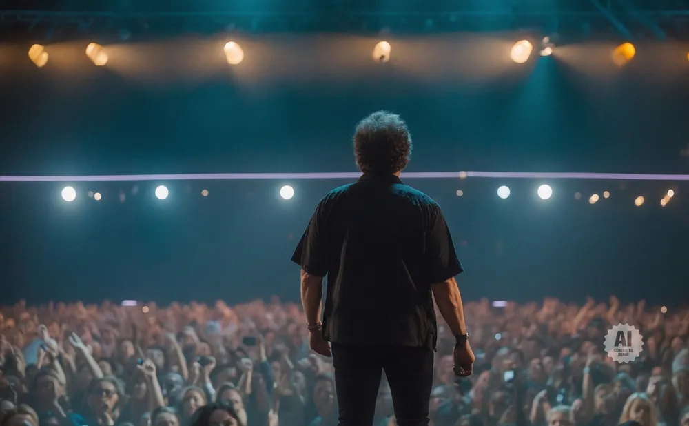A performer stands on stage with their back to the camera, facing a large, cheering crowd under bright stage lights.