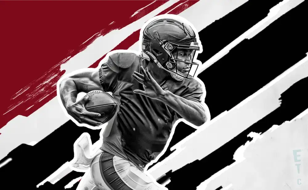 A black and white image of a football player running with the ball, set against a red and black abstract background.