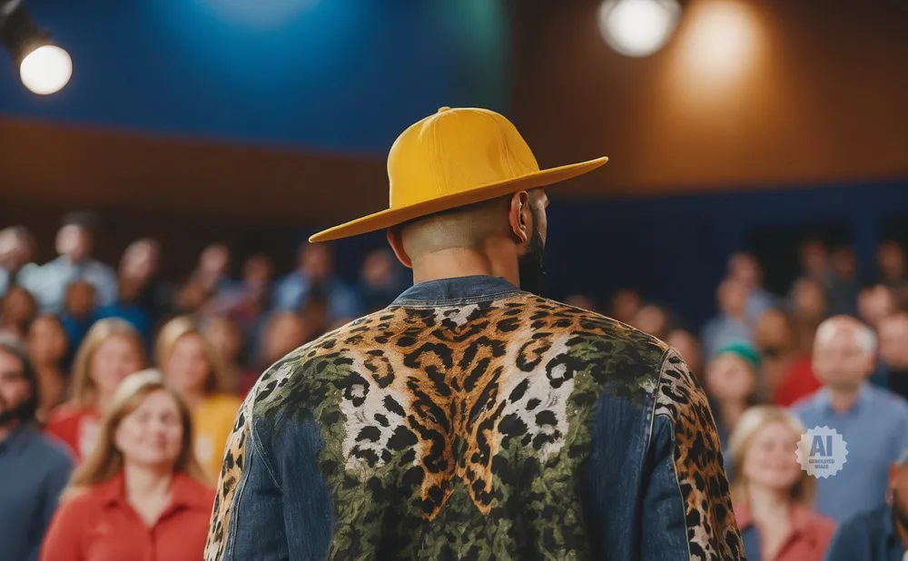Man in yellow hat and leopard-print jacket faces away from camera, addressing an audience.