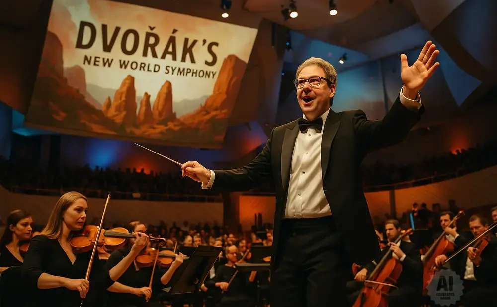 A conductor leads an orchestra with a banner overhead for Dvořák's New World Symphony.