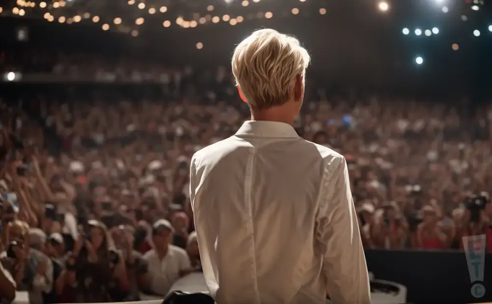 A person with blonde hair, seen from behind, stands on a stage in a white shirt facing a large, cheering crowd.