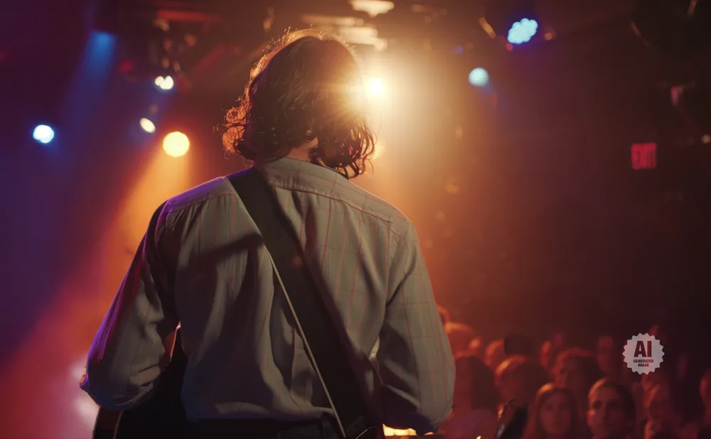 Guitarist on stage facing away, bathed in spotlight, with crowd in the background.