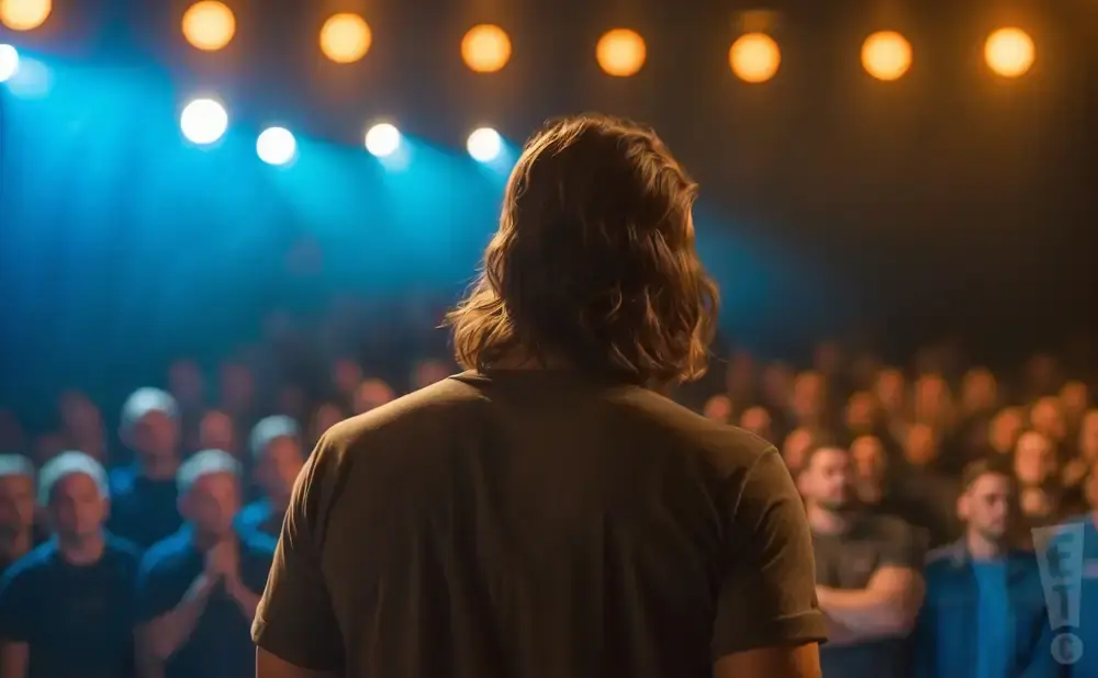 Man with long hair on stage facing a cheering crowd, illuminated by stage lights.