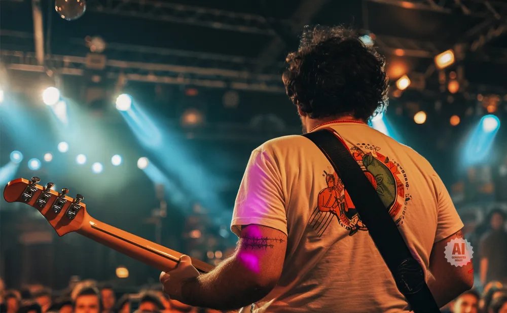 Guitarist on stage with blue lights and a crowd.