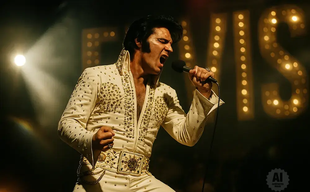 Austin Butler as Elvis Presley sings into a microphone, wearing a white sequined jumpsuit.