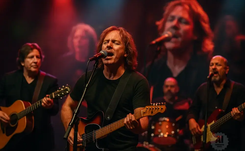A band performs on stage with a lead singer playing guitar and singing into a microphone.