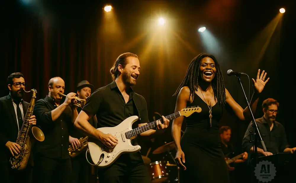 A band performs on stage with a female singer in the foreground and other musicians playing instruments.