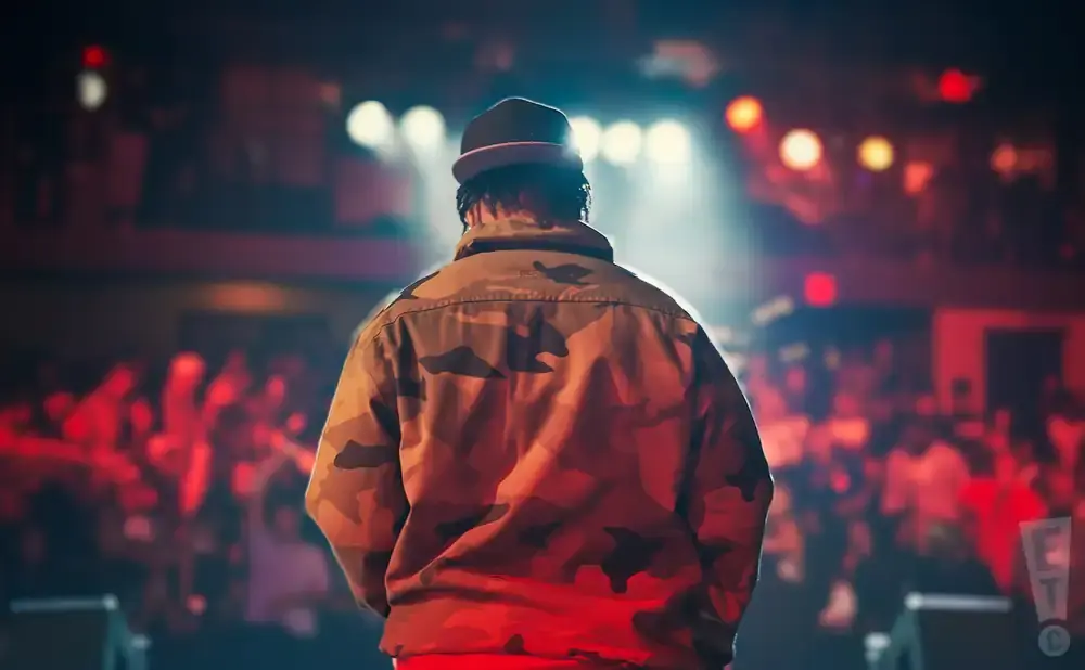 A person in a camouflage jacket and hat faces away from the camera on a stage, with a blurred audience in the background.