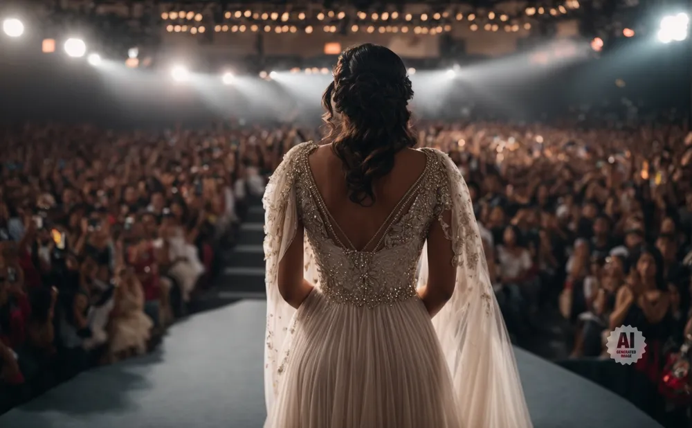 Woman in a sparkling white gown faces a large, cheering audience under spotlights.