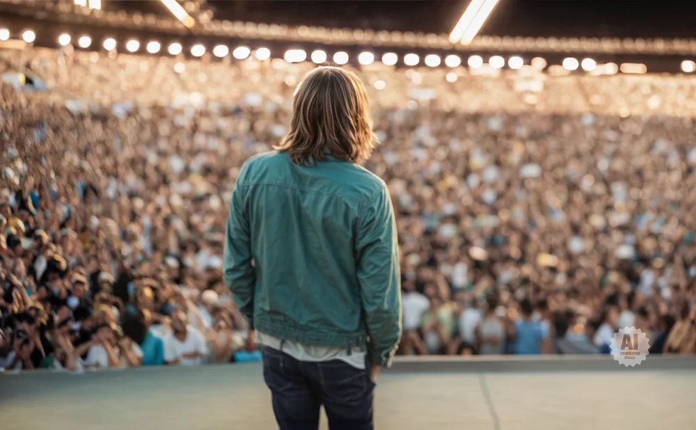 A person with long hair faces a large, blurred crowd at an outdoor concert.