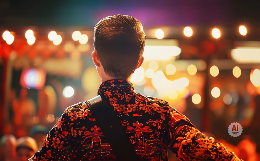 Back view of a person in a black shirt with an orange floral pattern, facing a blurred background of lights.