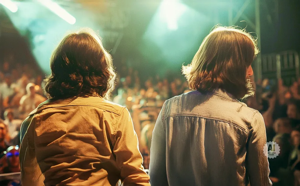 Two people stand with their backs to the camera, looking out at a crowd with stage lights shining down.
