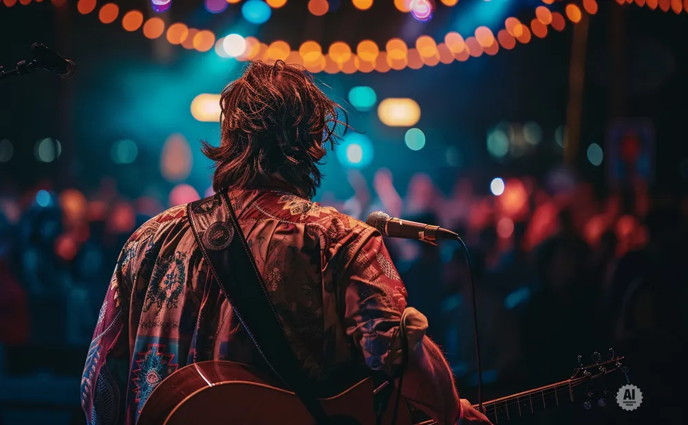 A musician with long hair plays guitar on stage in front of a blurred audience, illuminated by colorful lights.
