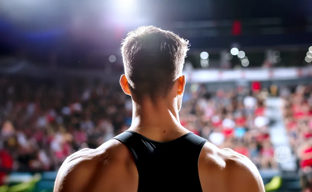 Back of a muscular athlete in a black tank top, looking out at a blurred crowd.