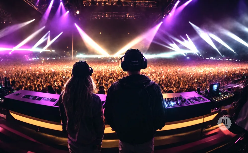 Two DJs at a massive outdoor concert, facing a huge crowd illuminated by purple and yellow stage lights.