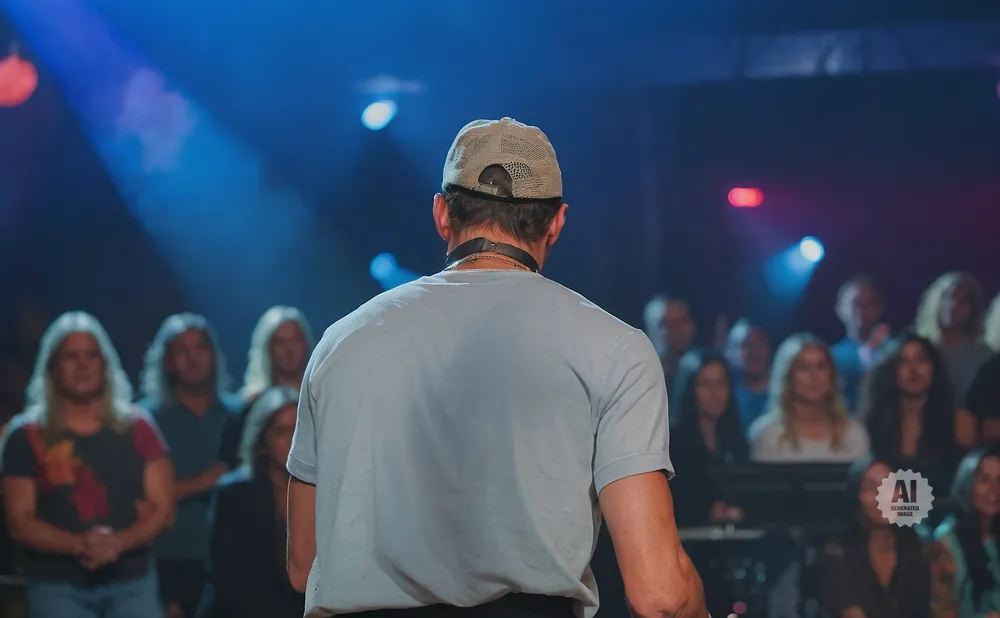 Man wearing a cap and t-shirt, facing a crowd under blue spotlights.