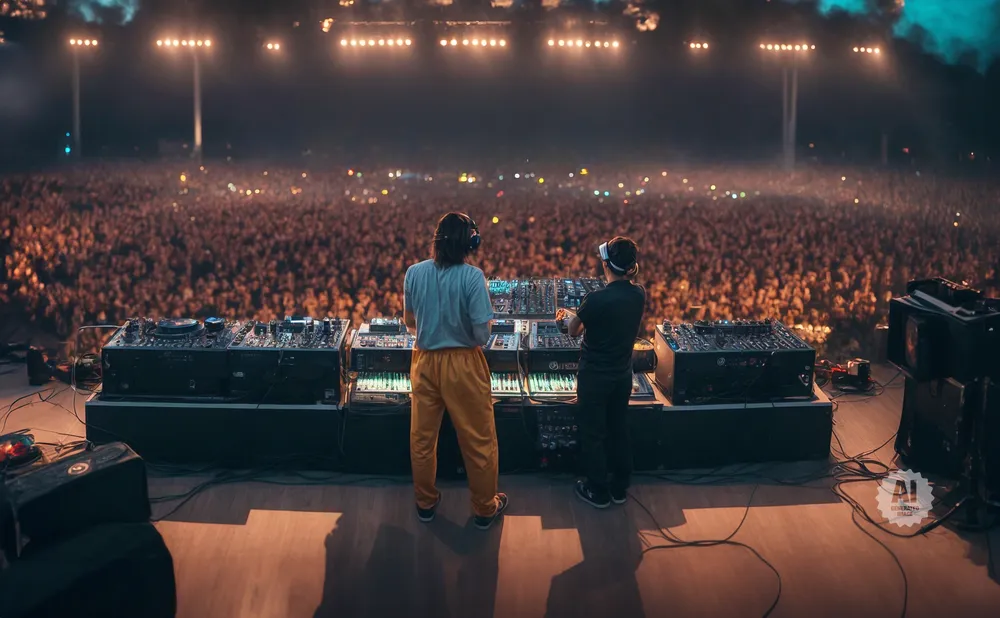 Two DJs on stage with a large crowd in the background, performing at a concert.