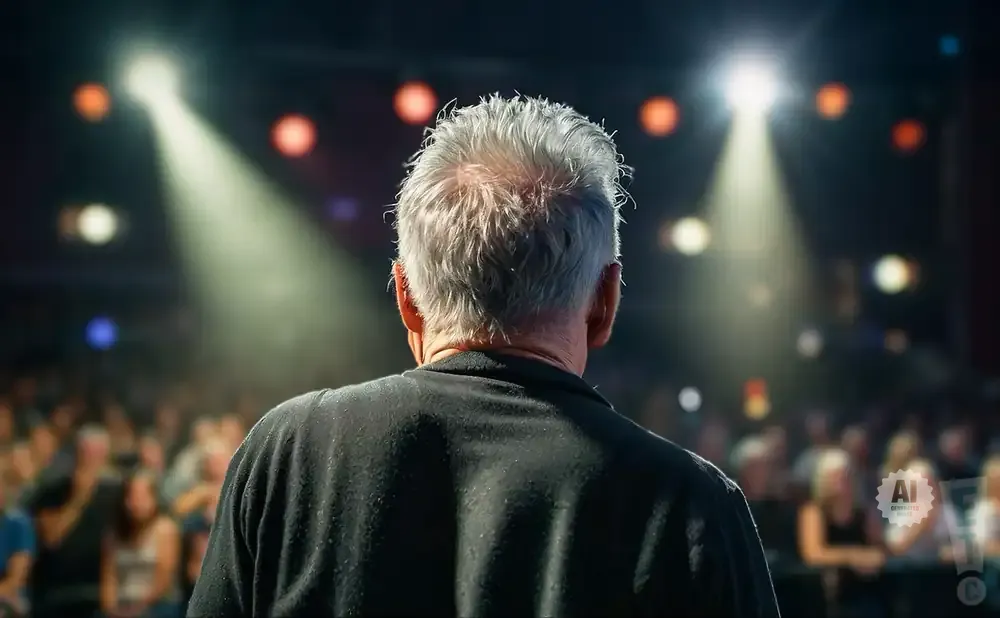 Man with gray hair in a black shirt on stage facing an audience under spotlights.