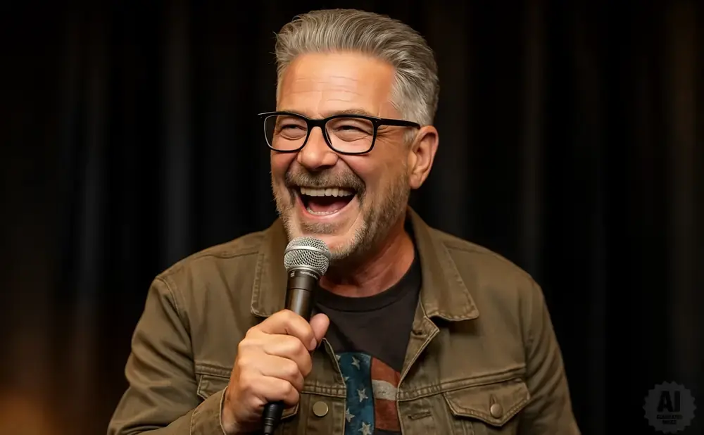 A man with graying hair, glasses, and a beard laughs into a microphone, wearing a green jacket over a t-shirt with an American flag design.